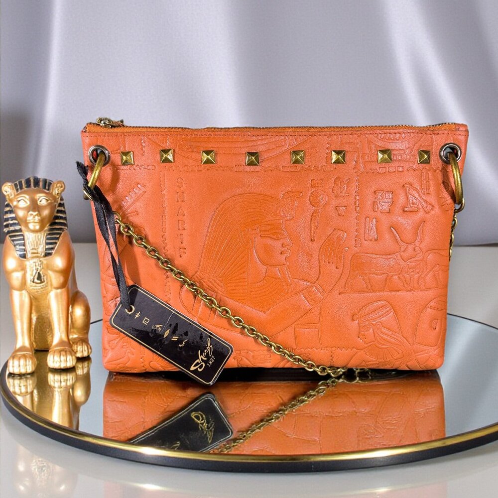 Sharif Hieroglyphic Egyptian Embossed Leather Shoulder Bag - New